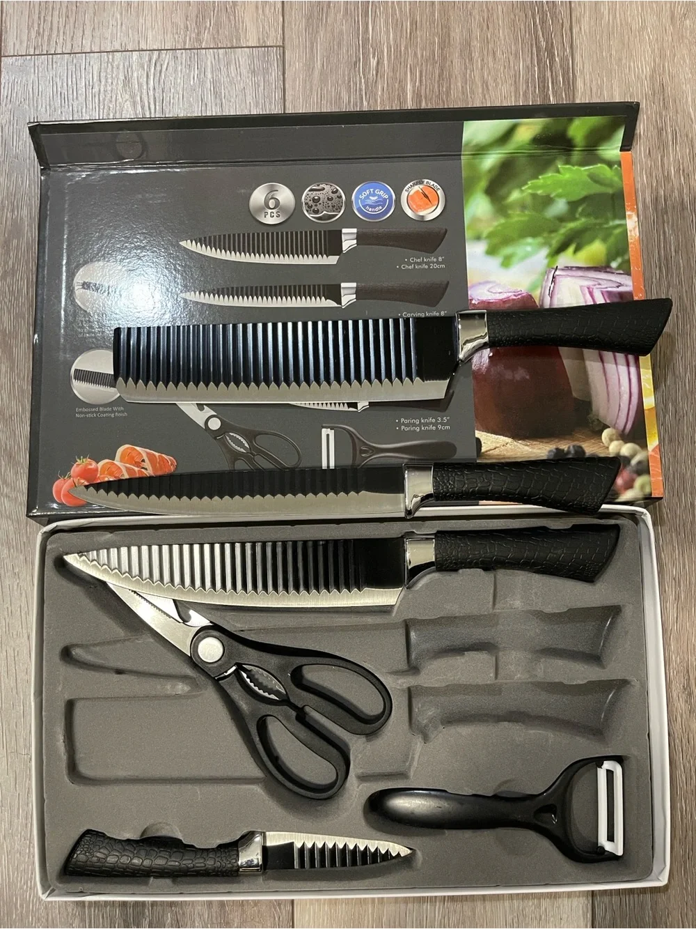 6-Piece Serrated Knife and Peeler Set with Black Handles